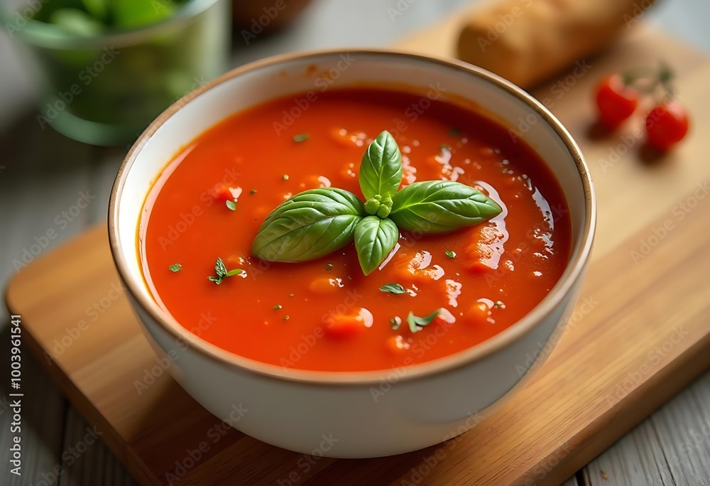 Homemade tomato sauce with a leaf on the top, red Tomato soup Homemade tomato sauce with a leaf on the top, red Tomato soup