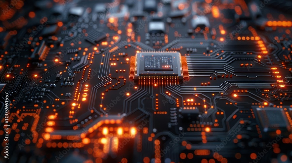 Close-up of a glowing computer circuit board with intricate pathways and components in a high-tech, modern technology setting. Close-up of a glowing computer circuit board with intricate pathways and components in a high-tech, modern technology setting.