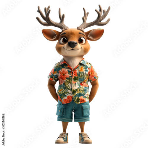 Fun Deer Character in Tropical Outfit cutout in transparent isolated background.