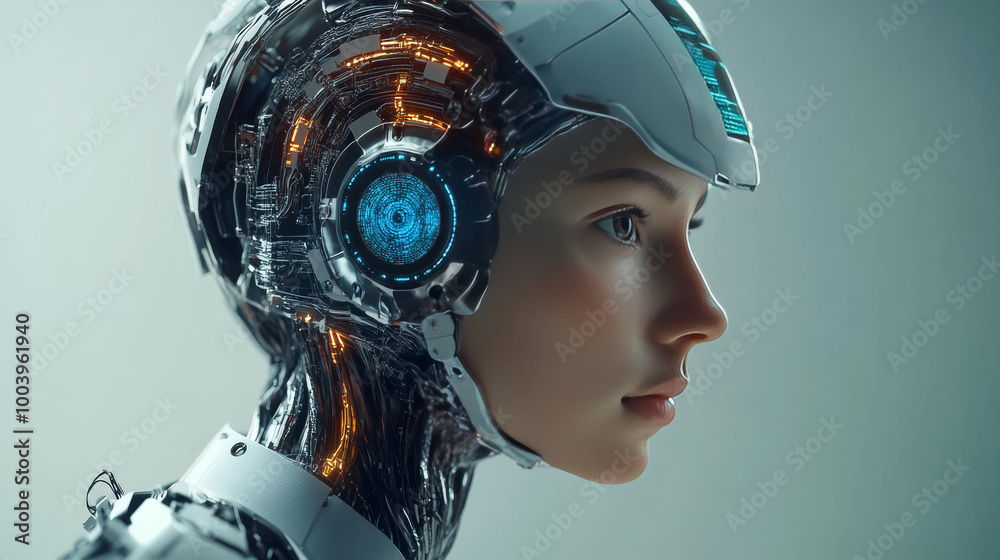 Artificial intelligence represented in the image of a cyborg girl with an electronic brain. Concept of machine learning technology featuring a neural network trained using a virtual HUD interface. Sci