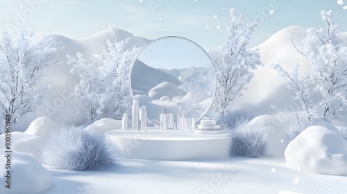 Natural beauty podium backdrop for cosmetic product display. Winter 3d scene background. 