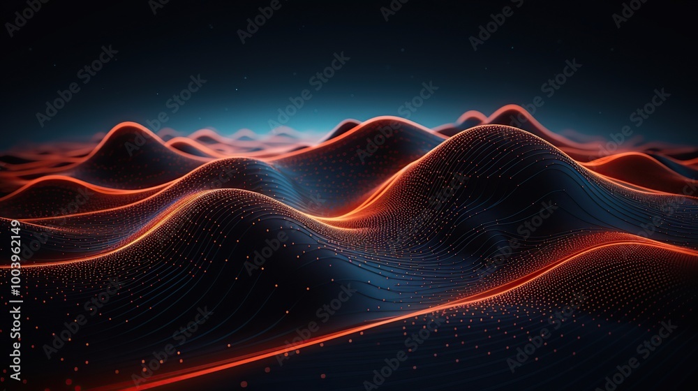 Fototapeta premium Abstract 3D Render of Rolling Hills with Neon Lights and Glowing Particles
