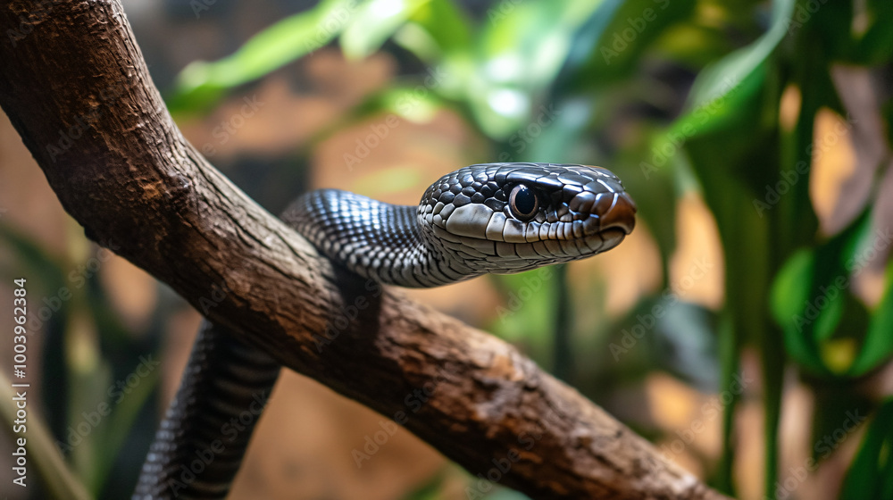 An elegant black mamba resting on a branch An elegant black mamba resting on a branch