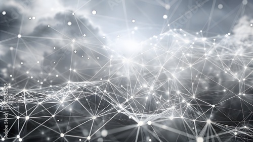 Cloud grey network paths displayed on a sleek logistics tech background. Light gray dots connected by white shimmering lines on a dove gray canvas photo