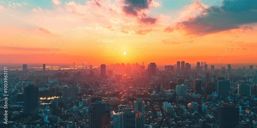 A horizontal landscape shot of a European city skyline at sunset A horizontal landscape shot of a European city skyline at sunset