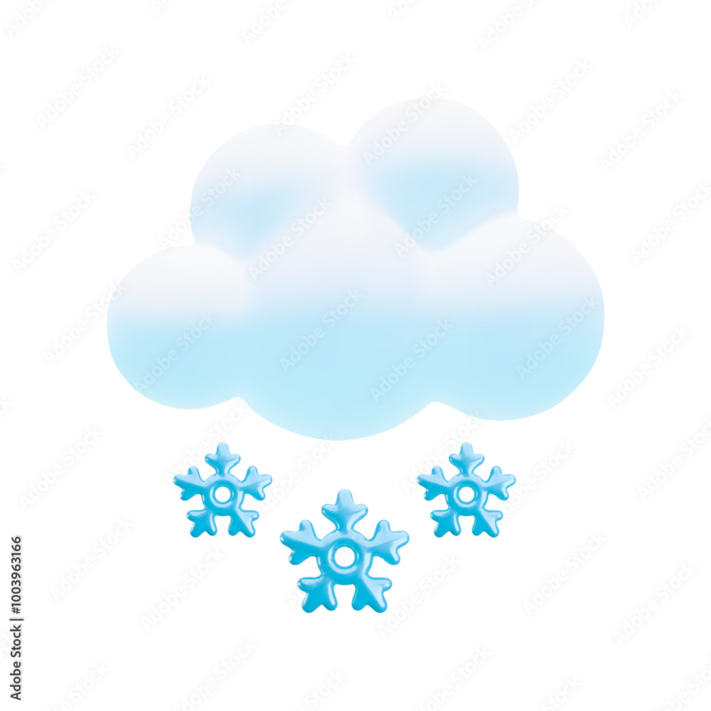 Vector cartoon 3d snowy weather icon. Cute 3d render of cloud with three snowflakes on white, trendy meteorology concept. Winter snowfall illustration for design, game, web site, logo, weather app. Vector cartoon 3d snowy weather icon. Cute 3d render of cloud with three snowflakes on white, trendy meteorology concept. Winter snowfall illustration for design, game, web site, logo, weather app.