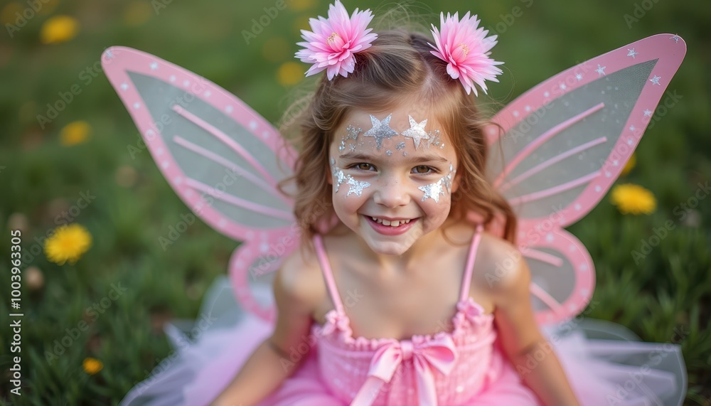Fototapeta premium A creative DIY fairy costume with homemade wings a tutu made of tulle and glittery face paint with stars and sparkles.