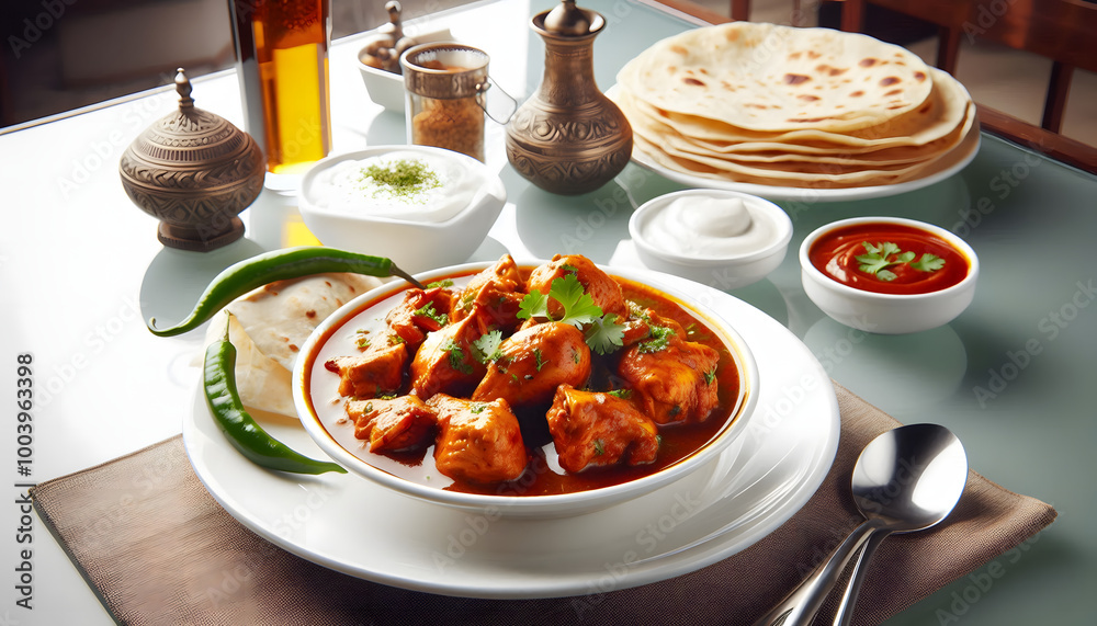 Pakistani chicken salan with naan and other side dishes Pakistani chicken salan with naan and other side dishes