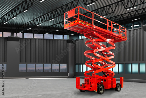 Fototapeta Naklejka Na Ścianę i Meble -  Self-propelled scissor lift. Warehouse equipment. Scissor lift inside empty hangar. Self-propelled lift inside industrial building. Special equipment for construction work. 3d image