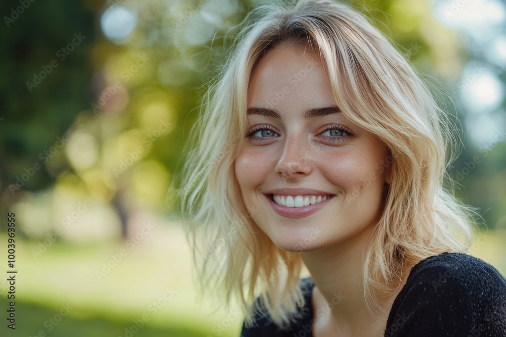 Smiling young woman with short hair, wearing casual clothes in a park setting. Smiling young woman with short hair, wearing casual clothes in a park setting.
