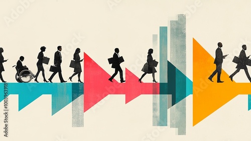 A group of business individuals, both men and women, diverse and creative design with collage showing success