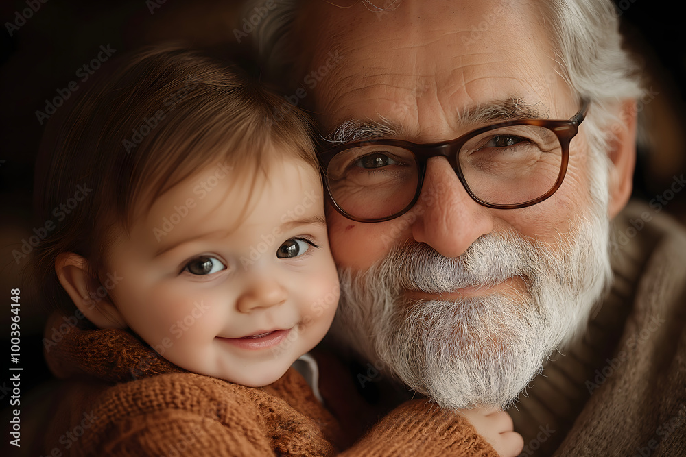 Loving Grandfather Holding Smiling Baby, Warm Family Moment Capturing Generational Bond and Joy, Perfect for Family, Love, and Parenting Concepts
