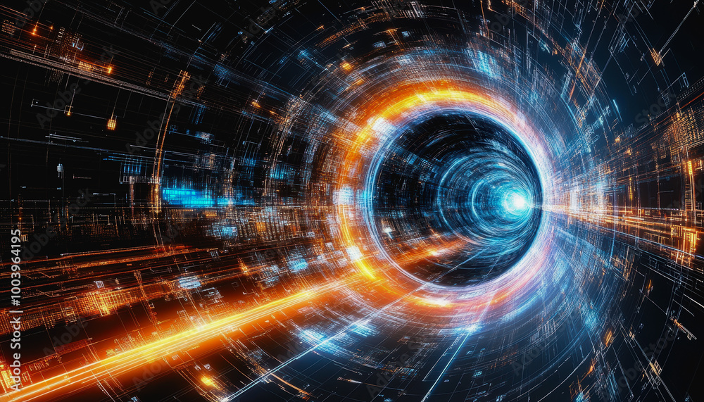 Fototapeta premium Neon cosmic portal with advanced tech circuitry in deep space
