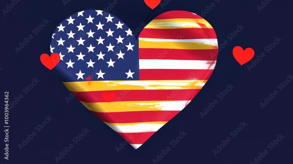An American flag in the shape of a heart with small red hearts floating around it on a dark blue background