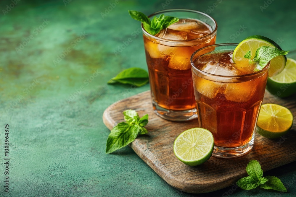 A pair of glasses filled with ice, lemon slices, mint leaves, and lime wedges sit on a wooden serving tray. A pair of glasses filled with ice, lemon slices, mint leaves, and lime wedges sit on a wooden serving tray.