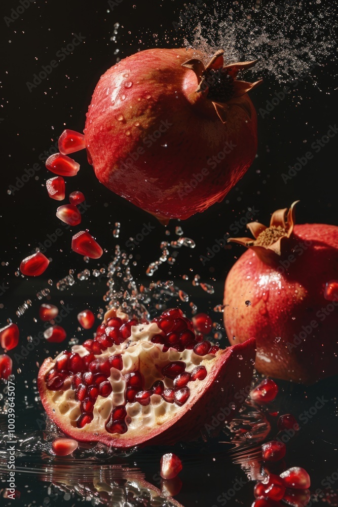 A close-up of a pomegranate halved to reveal the vibrant seeds within, often enjoyed as a healthy breakfast option in Tehrani cuisine. A close-up of a pomegranate halved to reveal the vibrant seeds within, often enjoyed as a healthy breakfast option in Tehrani cuisine.