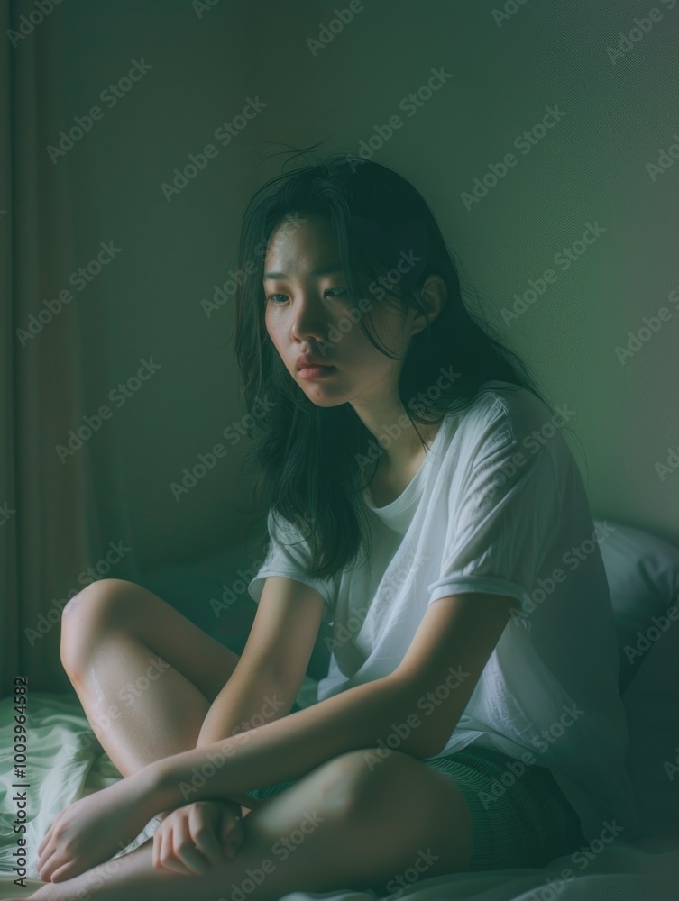 Obraz premium Asian woman in white t-shirt, sitting on bed with hands clasped, looking to side. Blurred background creates intimate atmosphere.