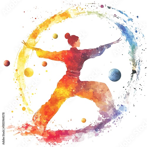 Watercolor Silhouette of a Woman Practicing Tai Chi with Planets Around Her. photo