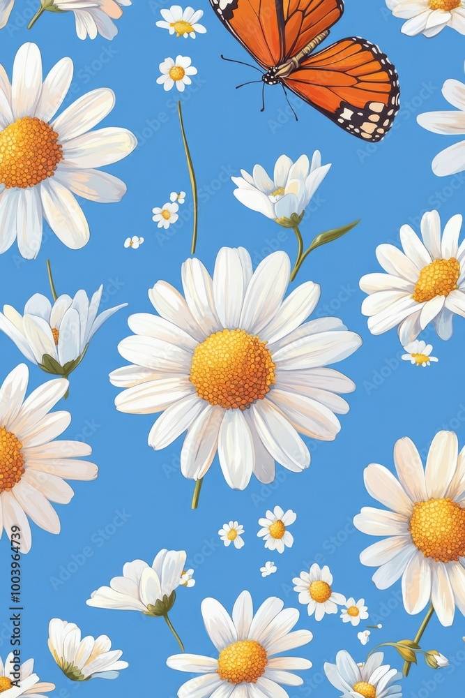 Blue sky with orange and black butterfly. Flower pattern consisting of white, yellow, blue, and red daisies. Blue sky with orange and black butterfly. Flower pattern consisting of white, yellow, blue, and red daisies.