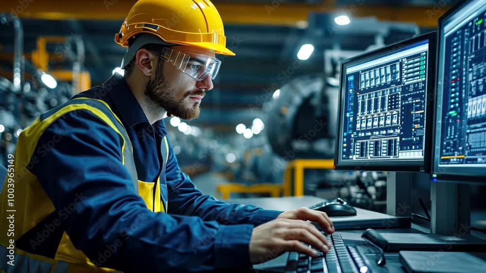 man with yellow helmet work on computer inside the heavy industry factory, male industrial engineer works man with yellow helmet work on computer inside the heavy industry factory, male industrial engineer works