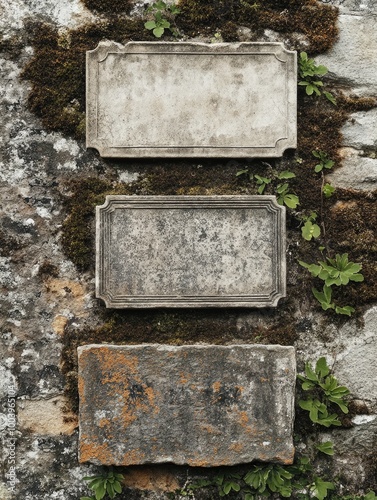 Three rectangular stone reliefs against moss-covered wall with green plants growing from cracks.