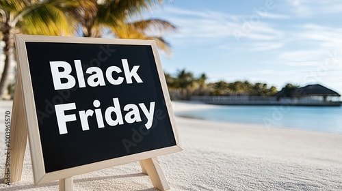 Experience the vibrant atmosphere of a tropical beach on Black Friday. Picture a perfect blend of relaxation and shopping amid gorgeous palm trees and the ocean photo