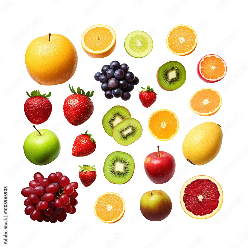 Collection of assorted fresh fruits with whole and sliced pieces on transparent background Collection of assorted fresh fruits with whole and sliced pieces on transparent background