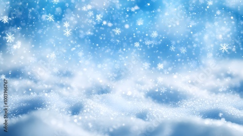 Snowflakes Falling on a Snowy Landscape with a Blue Sky