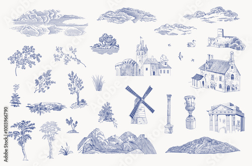 Set. Woodland. Architectural elements. Vector vintage illustration. Blue and white. 