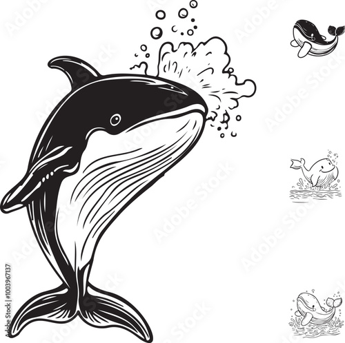 Friendly Whale Spouting Water in Black and White Illustration