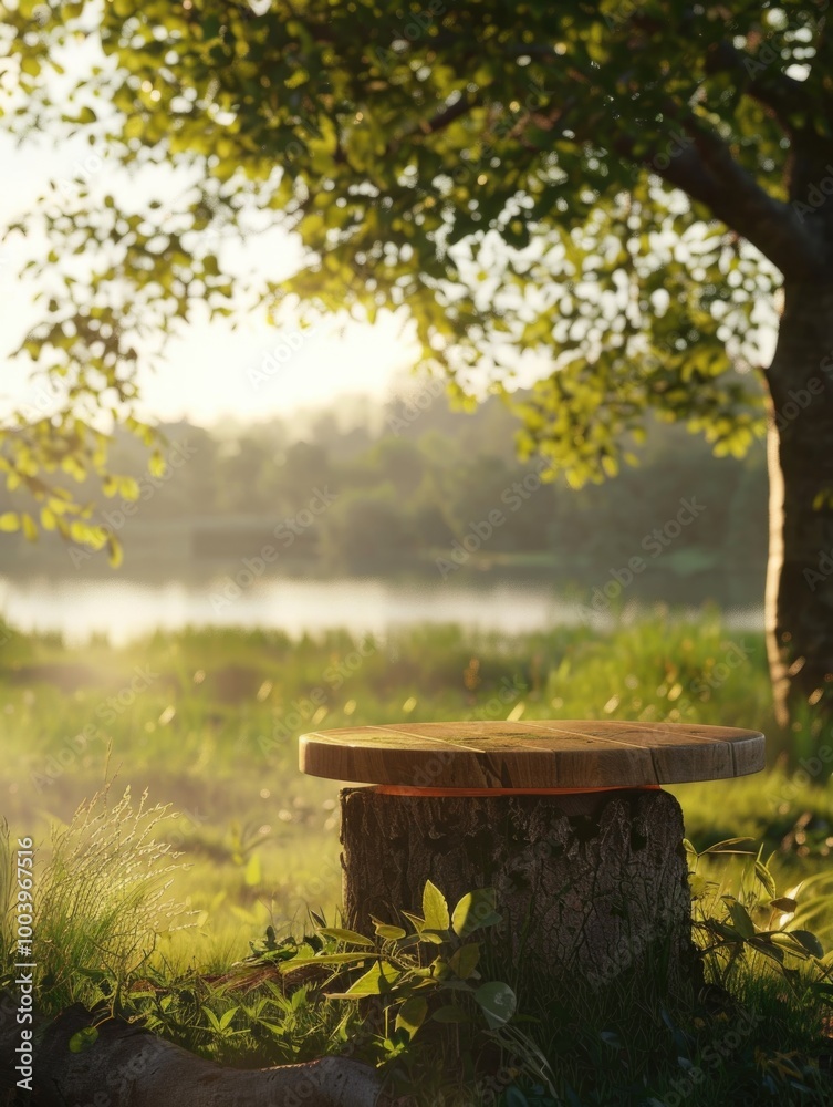 An idyllic scene with a wooden bench near water, under the soft light of dawn or dusk. An idyllic scene with a wooden bench near water, under the soft light of dawn or dusk.