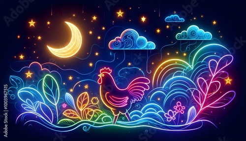 background with glowing colorful neon chicken shapes and stars and moon in the night sky