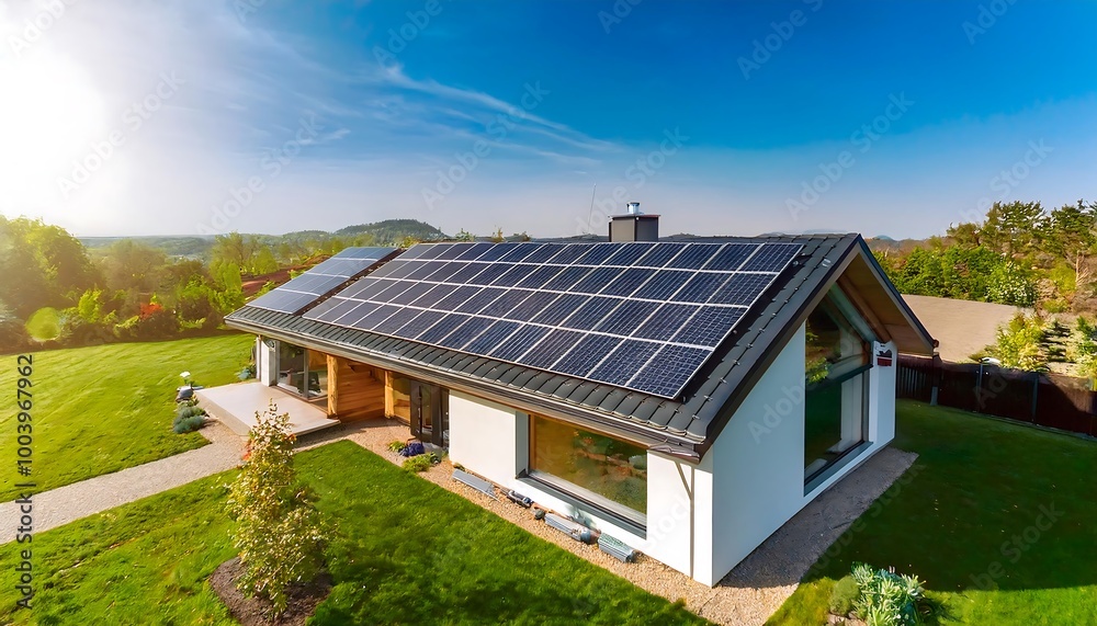 Stylish Modern House Featuring an Attached Solar Panels Grid: A Sustainable Living Solution Combining Contemporary Architecture with Eco-Friendly Energy Sources for a Greener Future and Reduced Bills. Stylish Modern House Featuring an Attached Solar Panels Grid: A Sustainable Living Solution Combining Contemporary Architecture with Eco-Friendly Energy Sources for a Greener Future and Reduced Bills.
