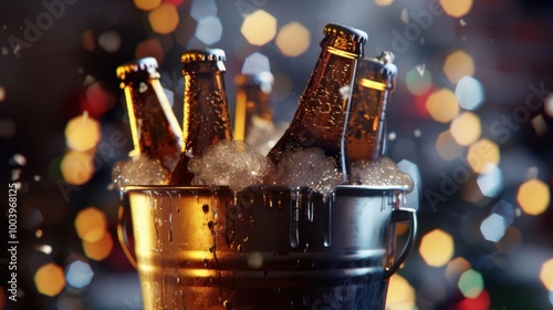 Close-up of beer bottles in an ice-filled bucket, surrounded by warm festive lights. Perfect for holiday celebrations, parties, and gatherings.