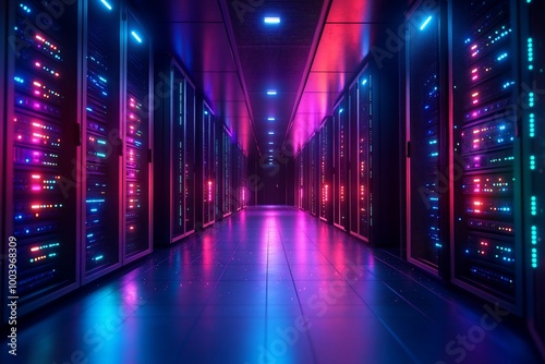 A server room with rows of glowing servers, lit in neon pink and blue.