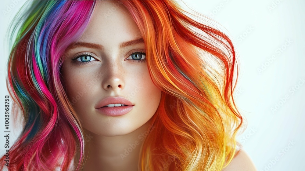 Woman with Vibrant Multicolored Hair and Freckles Woman with Vibrant Multicolored Hair and Freckles