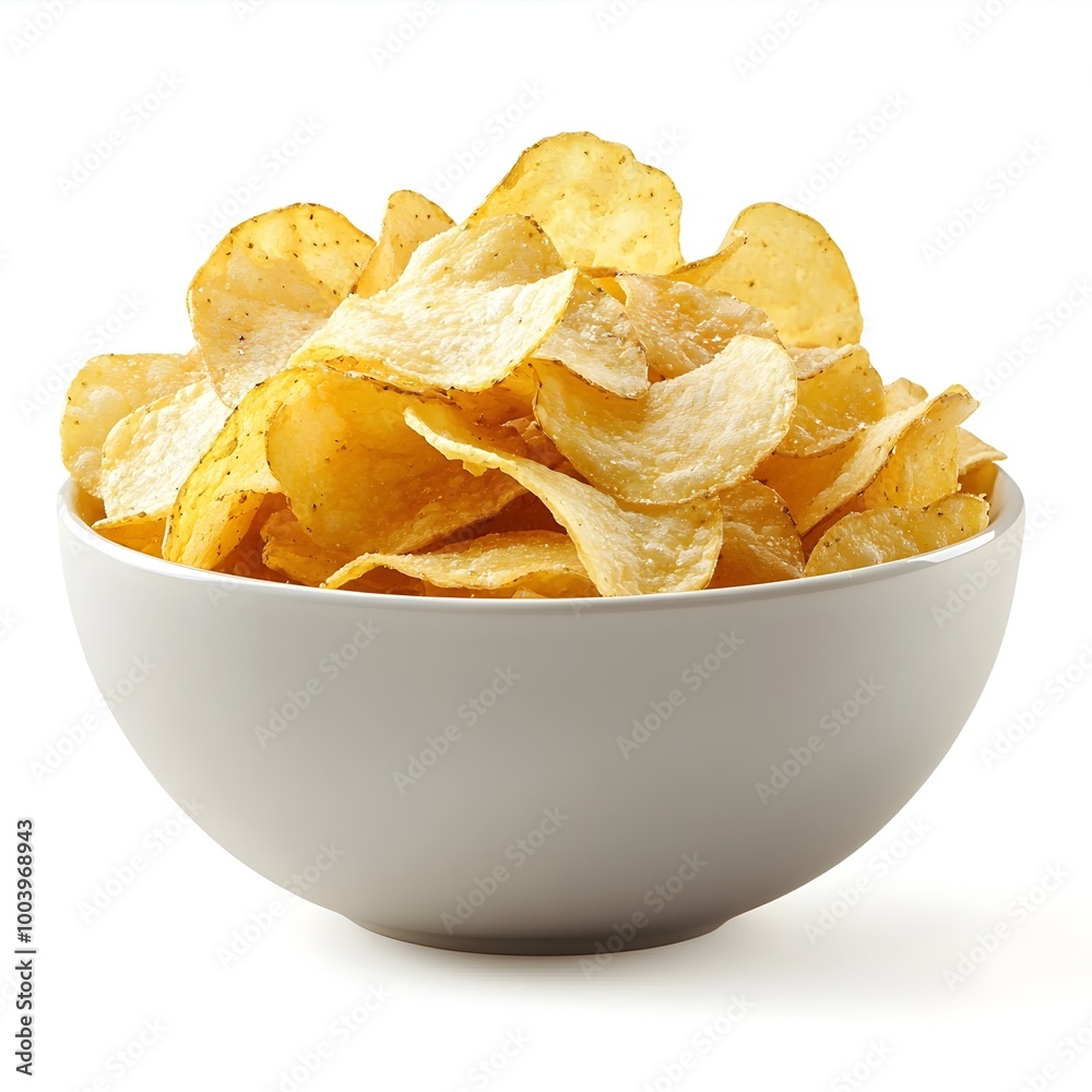 Tasty Crispy Potato Chips in a Bowl on White Background Tasty Crispy Potato Chips in a Bowl on White Background