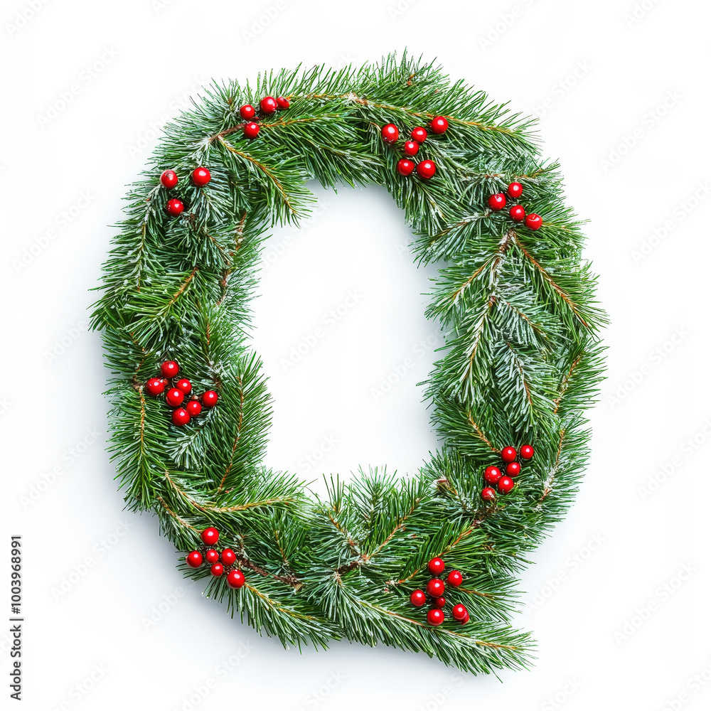 Christmas alphabet letter Q made of fresh green fluffy branches and red berries. Clean background. Generative AI Christmas alphabet letter Q made of fresh green fluffy branches and red berries. Clean background. Generative AI