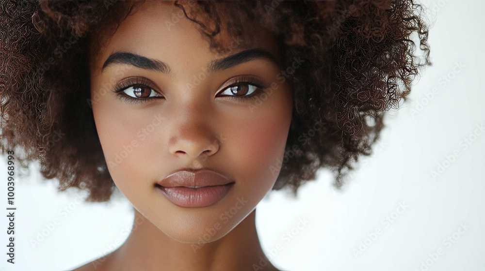 Close-up portrait of a woman with brown eyes and afro hair Close-up portrait of a woman with brown eyes and afro hair
