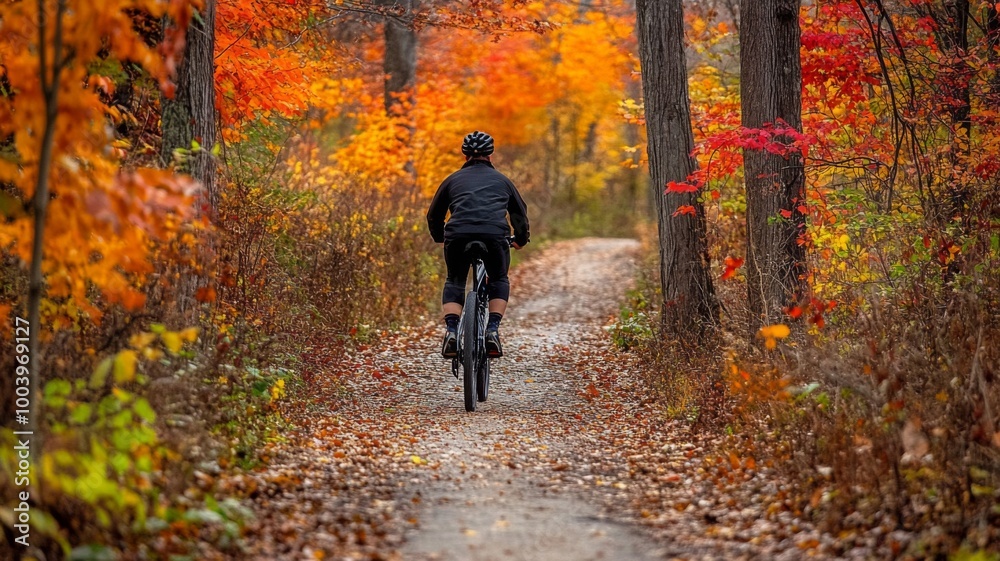 Cyclist Riding Through a Forest Path with Fall Foliage Cyclist Riding Through a Forest Path with Fall Foliage