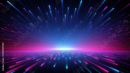 Abstract glowing light beams converging in the sky. Digital art, technology, and futuristic concept. 3D rendering with neon lights and glowing lines. Cyberpunk and Sci fi theme