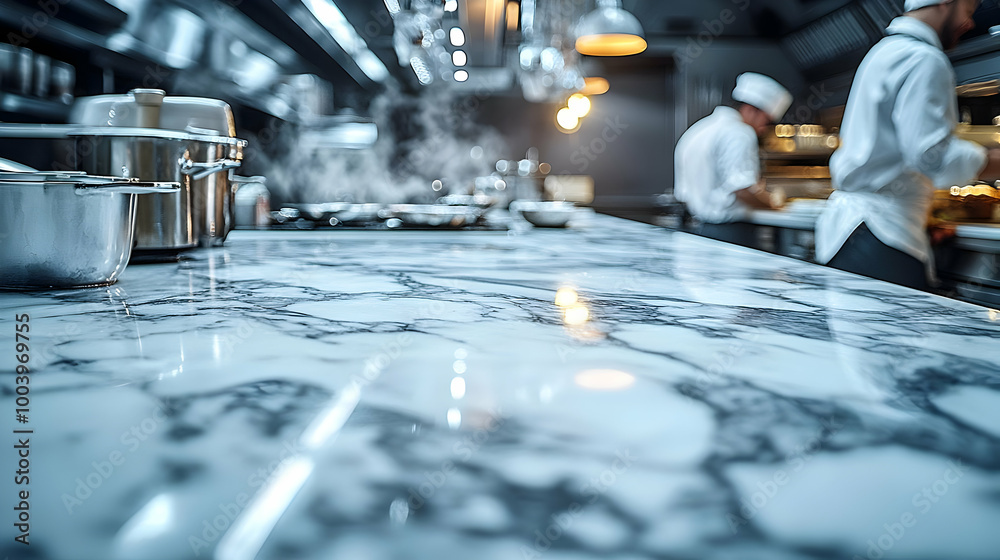 Professional kitchen interior with marble countertop, chefs cooking and preparing elegant dishes for service. Professional kitchen interior with marble countertop, chefs cooking and preparing elegant dishes for service.
