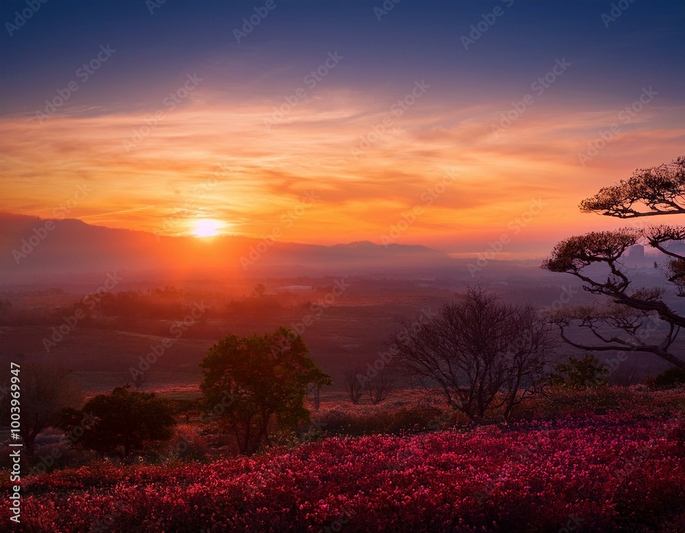 Fototapeta premium Romantic Sunset Amidst Trees and Scenic Landscape at Dusk