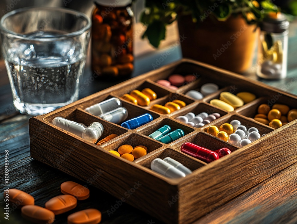 A wooden pill box with colorful pills and capsules, a glass of water, and bottles of medication on a rustic wooden table. A wooden pill box with colorful pills and capsules, a glass of water, and bottles of medication on a rustic wooden table.