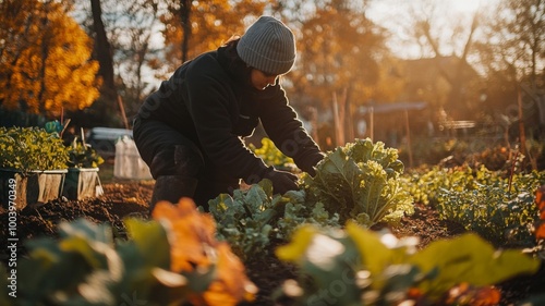 A Person Tending to Their Vegetable Garden at Sunset