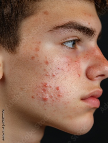 Close-up acne on teenage boy's face. photo