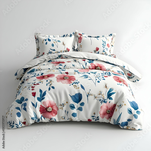 Floral patterned bedding set with pillows on a white background, perfect for a cozy and stylish bedroom. photo