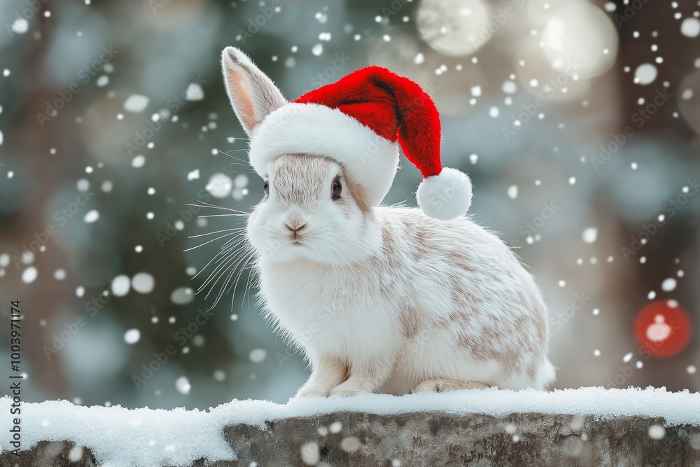 White rabbit wearing a red hat. The hat has a white star on it. The rabbit is sitting on a rock. Anime style, a snow-white rabbit with a red Santa hat standing on a stone White rabbit wearing a red hat. The hat has a white star on it. The rabbit is sitting on a rock. Anime style, a snow-white rabbit with a red Santa hat standing on a stone