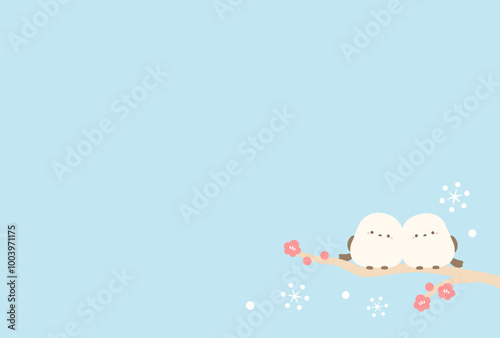 冬のシマエナガと雪と梅のベクターイラスト06