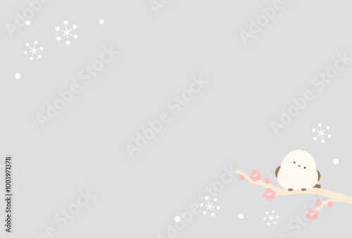 冬のシマエナガと雪と梅のベクターイラスト01